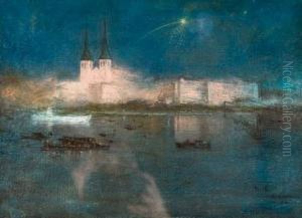 Luzerne, Feux D'artifice Sur Le Lac Oil Painting by Siebe Johannes ten Cate