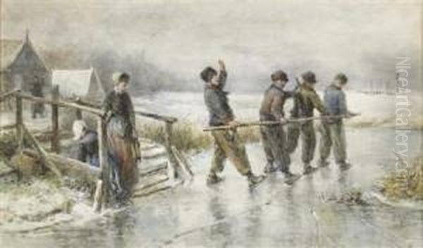 Dutch Skaters Setting Off Oil Painting by Johan Mari Ten Kate