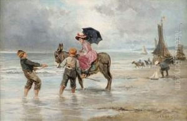 Promenade En Ane Sur La Plage Oil Painting by Johan Mari Ten Kate