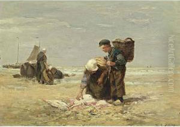 Sorting The Catch Oil Painting by Johan Mari Ten Kate