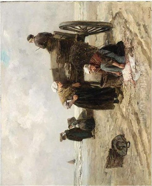 Fisherwomen On The Beach Oil Painting by Johan Mari Ten Kate