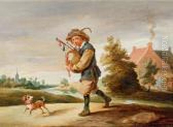 Un Suonatore Di Cornamusa Con Il Suo Cane In Un Paesaggio Oil Painting by Abraham Teniers