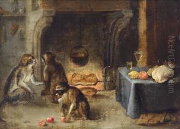 Tre Scimmie Davanti A Un Camino Durante La Preparazione Di Un Pasto Oil Painting by Abraham Teniers