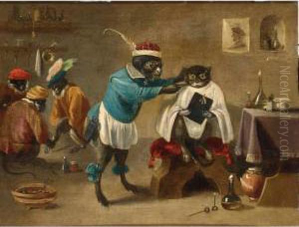 An Interior Of A Monkey 
Barbershop With A Monkey Trimming A Cat And Three Monkeys Sitting In The
 Background Oil Painting by Abraham Teniers