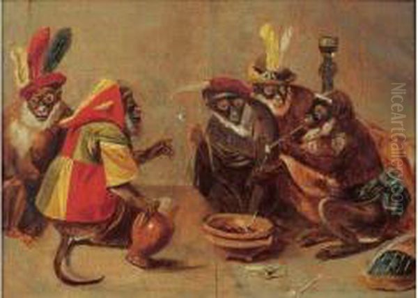 Les Singes Fumeurs. Oil Painting by Abraham Teniers