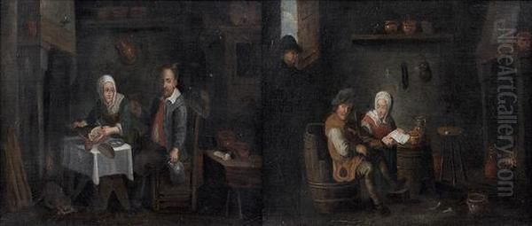 Couple De Paysans Attables Devant Une Cheminee Oil Painting by David The Younger Teniers