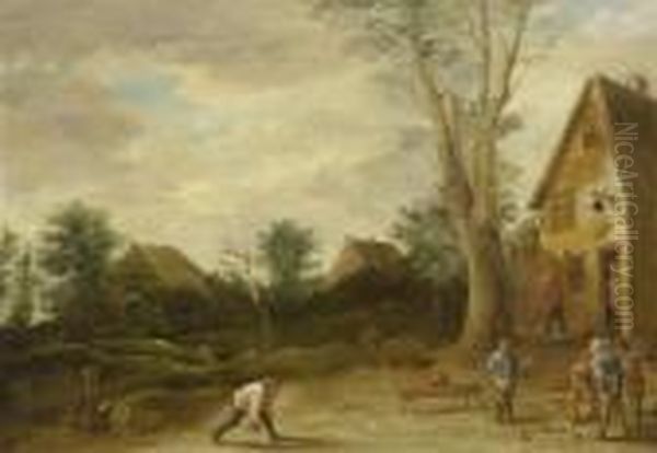 Village Scene With Skittles Players Oil Painting by David The Younger Teniers