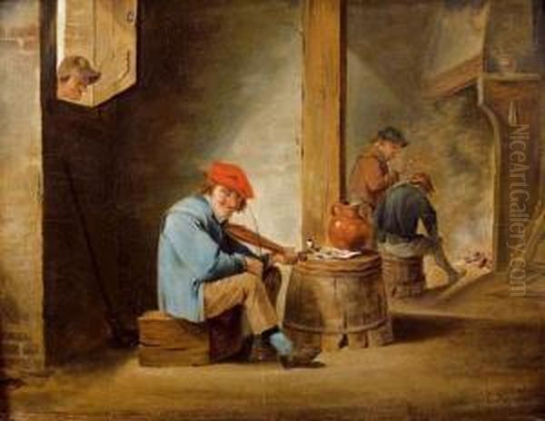 Joueur De Violon Dans Un Interieur Paysan Oil Painting by David The Younger Teniers