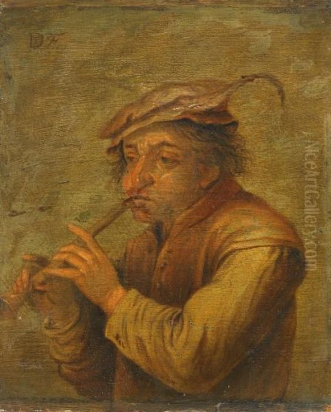 Flojtspelande Man Oil Painting by David The Elder Teniers