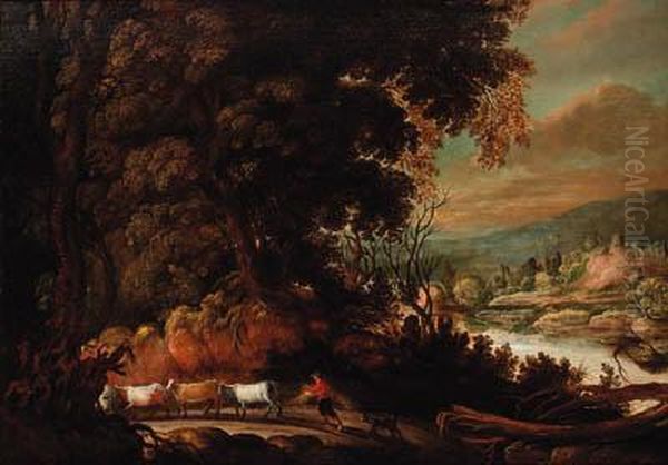 A Wooded Path With A Peasant Herding Cattle, A River Landscapebeyond Oil Painting by David The Elder Teniers