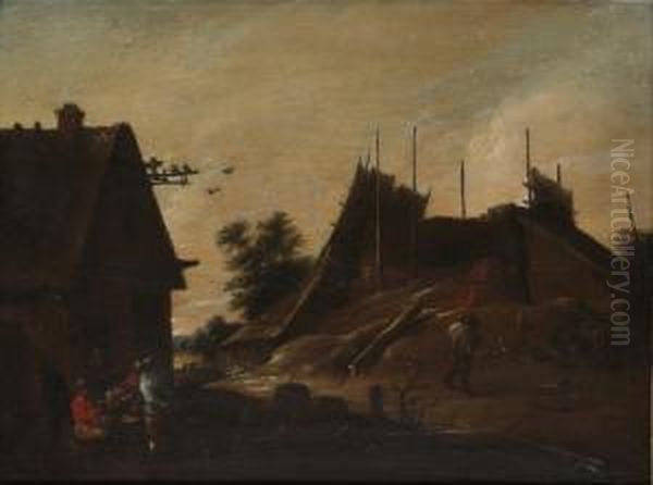 Hansefterfoljd, Pokulerande Bonder Utanfor Vardshus Oil Painting by David The Younger Teniers