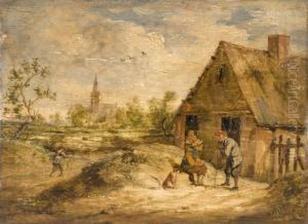 Deux Paysans Discutant Devant Une Chaumiere Oil Painting by David The Younger Teniers