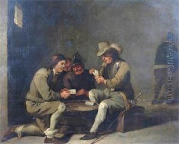 Tavern Interior, Men Playing Cards Oil Painting by David The Younger Teniers