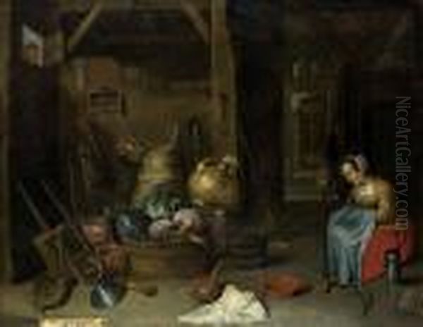 D. J. - Umkreis: Bauerliches Inter Oil Painting by David The Younger Teniers