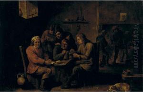 Peasants Playing Cards In A Tavern Oil Painting by David The Younger Teniers