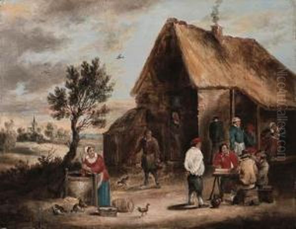 Peasants Smoking And A Woman Drawing Water From A Well Outside Atavern Oil Painting by David The Younger Teniers