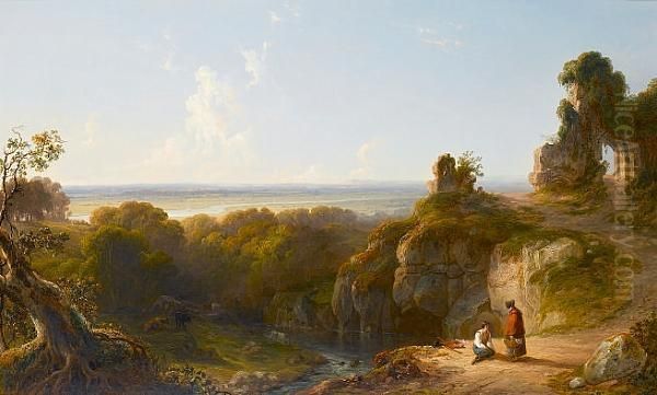 View On The Medway Near Maidstone, With Figures Resting Beside The River Oil Painting by John F Tennant