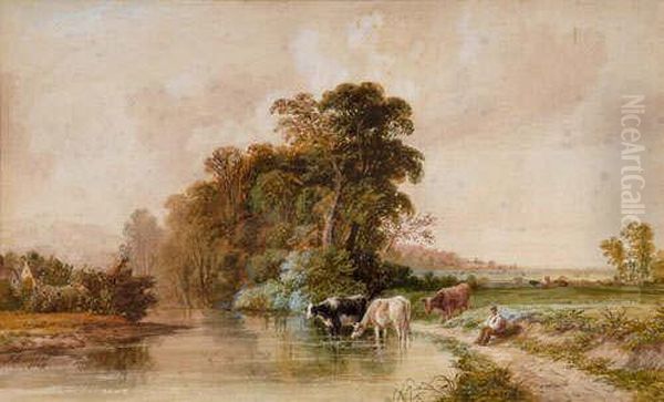 An Extensive Landscape, Cattle Withfigure In The Foreground, A Farm Beyond Oil Painting by John F Tennant