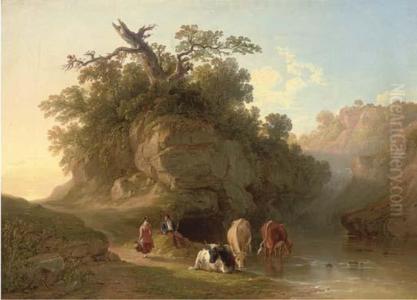 Drover And Cattle Beside A Pool Oil Painting by John F Tennant