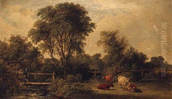 A Wooded River Landscape, With A Gentleman On A Footbridge Andcattle In The Foreground Oil Painting by John F Tennant