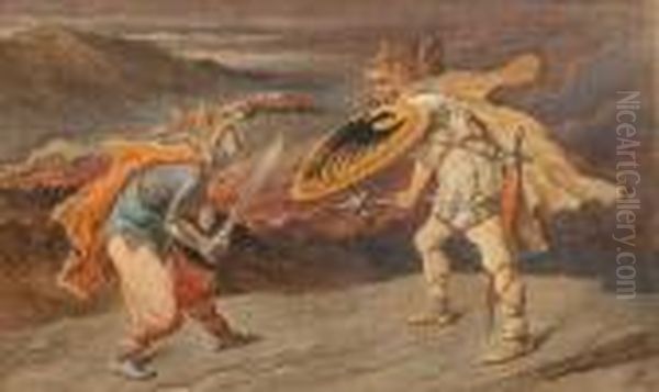 Warriors In Combat Oil Painting by John Tenniel