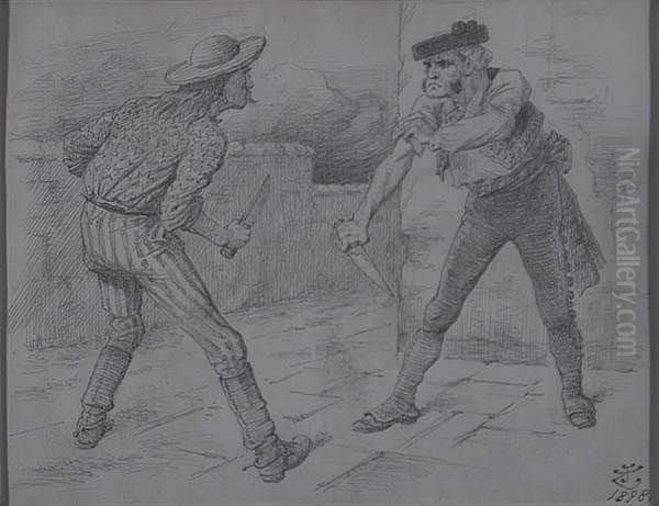 U. S. And Spain As Two Men Confronting Each Other With Knives. Oil Painting by John Tenniel