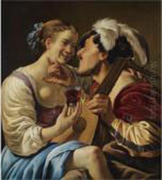 A Luteplayer Carousing With A Young Woman Holding A Roemer Oil Painting by Hendrick Terbrugghen