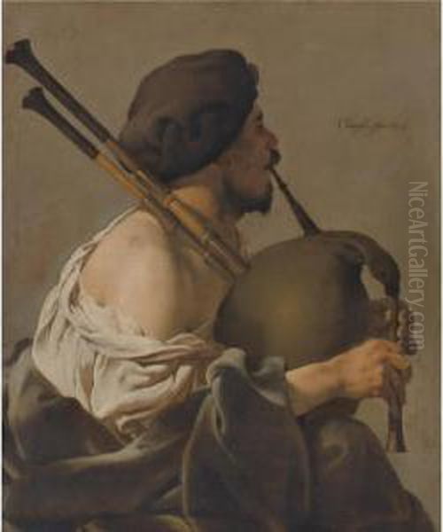 Bagpipe Player In Profile Oil Painting by Hendrick Terbrugghen