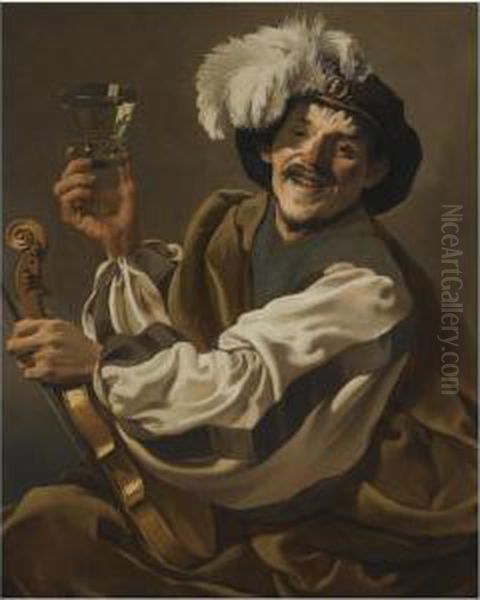 A Jovial Violinist Holding A Glass Of Wine Oil Painting by Hendrick Terbrugghen