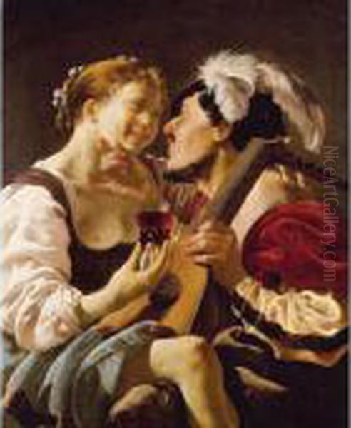 A Luteplayer Carousing With A Young Woman Holding A Roemer Oil Painting by Hendrick Terbrugghen