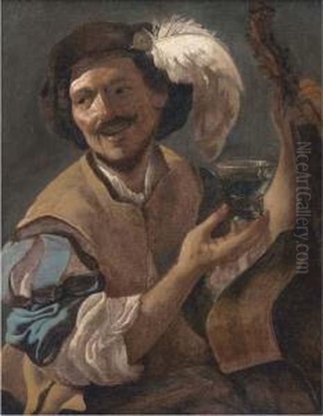 A Laughing Bravo With A Bass Viol And A Roemer Oil Painting by Hendrick Terbrugghen