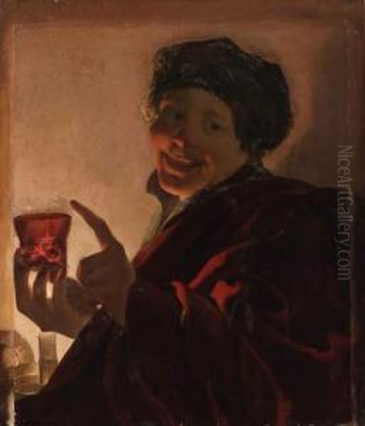 A Boy Holding A Roemer Of Wine By Candlelight Oil Painting by Hendrick Terbrugghen