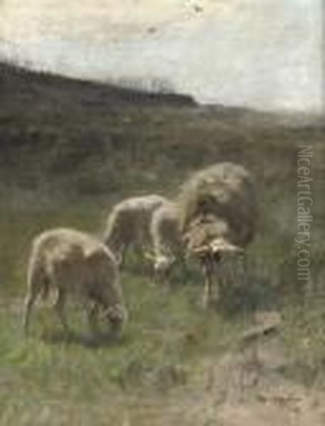 A Sheep And Her Little Lambs Oil Painting by Francois Pieter ter Meulen