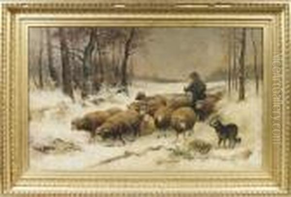 La Rentree Des Moutons Dans La Neige, Circa 1900 Oil Painting by Francois Pieter ter Meulen