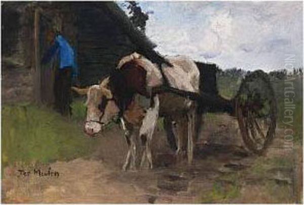 An Ox-drawn Cart With A Peasant Woman Nearby Oil Painting by Francois Pieter ter Meulen