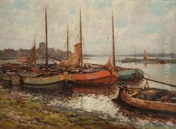 Bateaux De Pecheurs Amarres Au Port Oil Painting by Kees Terlouw