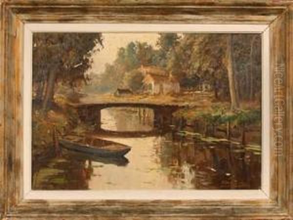 Paysage D'un Canal Avec Barque Oil Painting by Kees Terlouw