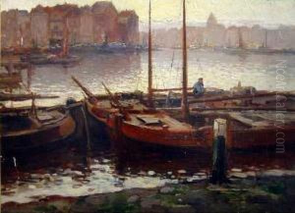 Bateaux Sur Le Canal, Amstel Oil Painting by Kees Terlouw