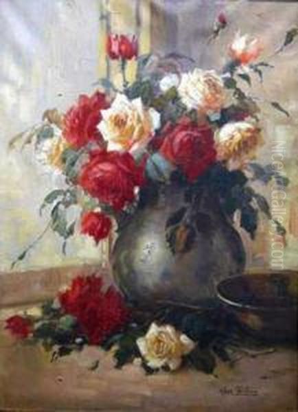 Bouquet De Roses Dans Un Vase En Etain Oil Painting by Kees Terlouw