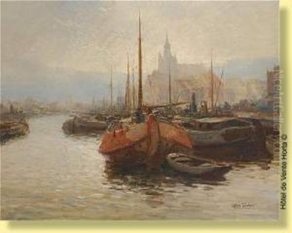 Coucher De Soleil Sur Un Port Avec Barques Oil Painting by Kees Terlouw