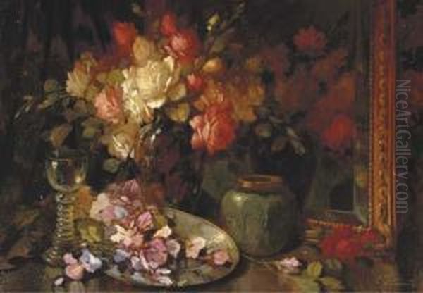 A Still Life With Roses, A Ginger Jar And A Glass Oil Painting by Kees Terlouw