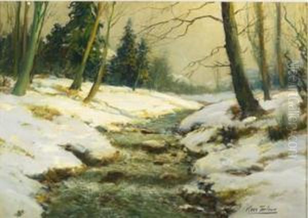 Snow Covered Stream Oil Painting by Kees Terlouw