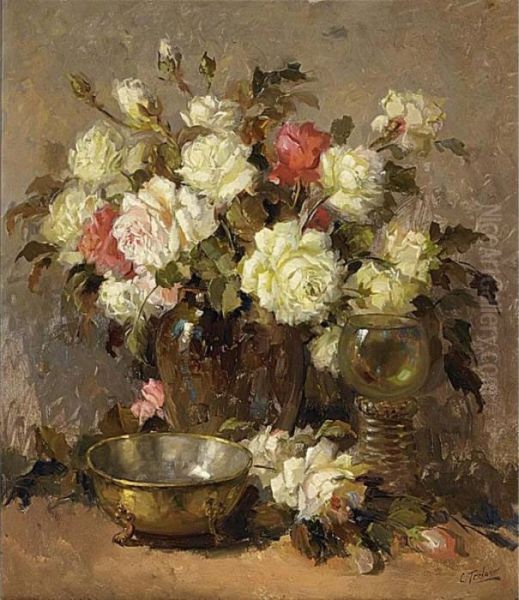 A Flower Still Life With Roses In A Glass Vase, A Roemer And A Brass Plate Oil Painting by Kees Terlouw