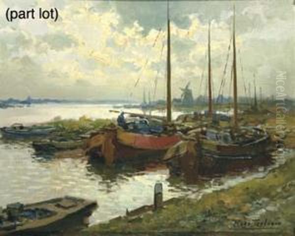 Moored Barges At Dusk Oil Painting by Kees Terlouw