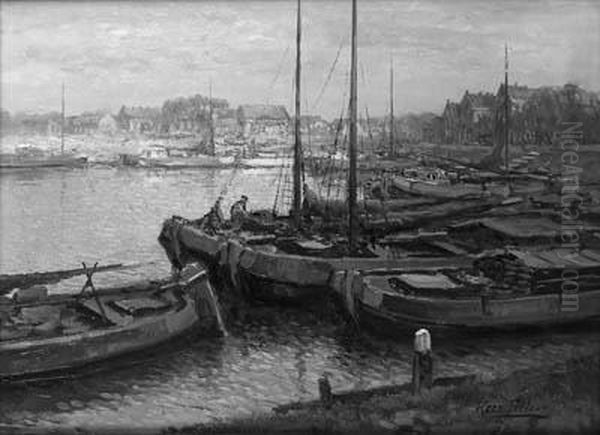 Moored Vessels In A Harbour Oil Painting by Kees Terlouw