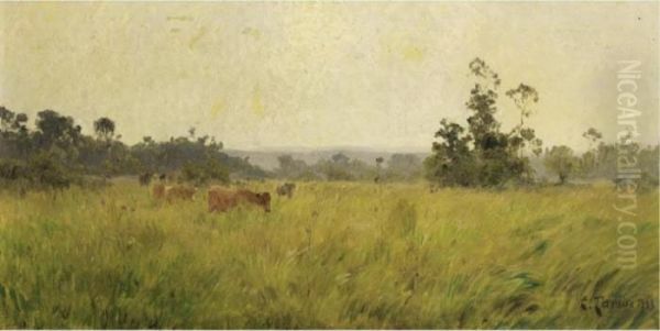 Herd Of Cows In A Meadow Oil Painting by Clovis Frederick Terraire