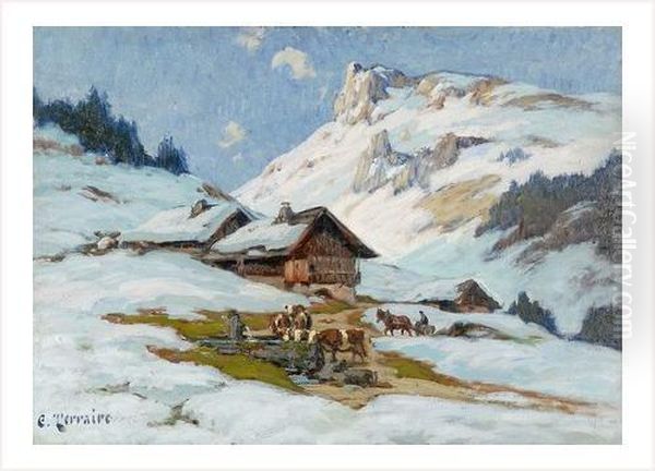 Troupeau En Montagne Sous La Neige Oil Painting by Clovis Frederick Terraire