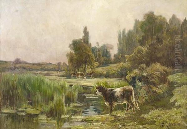 Kuhe In Sommerlicher Flusslandschaft. Oil Painting by Clovis Frederick Terraire