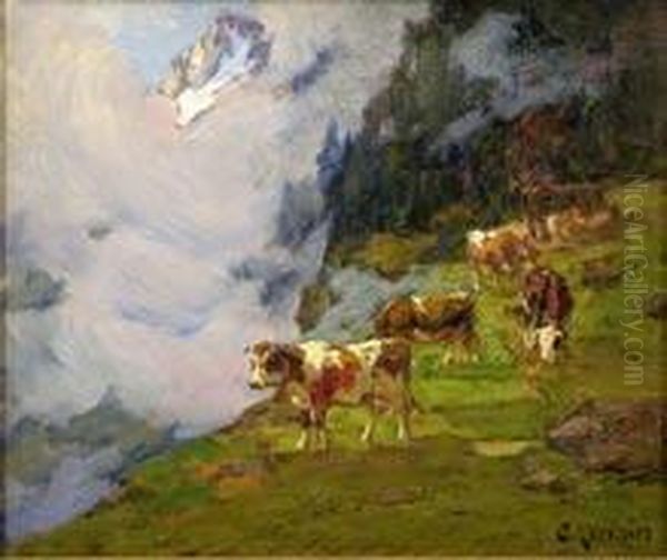 vache En Alpage Et Vagues De Brouillard Oil Painting by Clovis Frederick Terraire