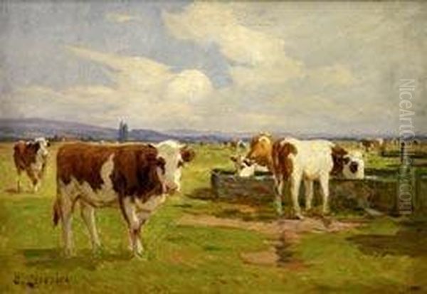 vaches A L'abreuvoir Oil Painting by Clovis Frederick Terraire